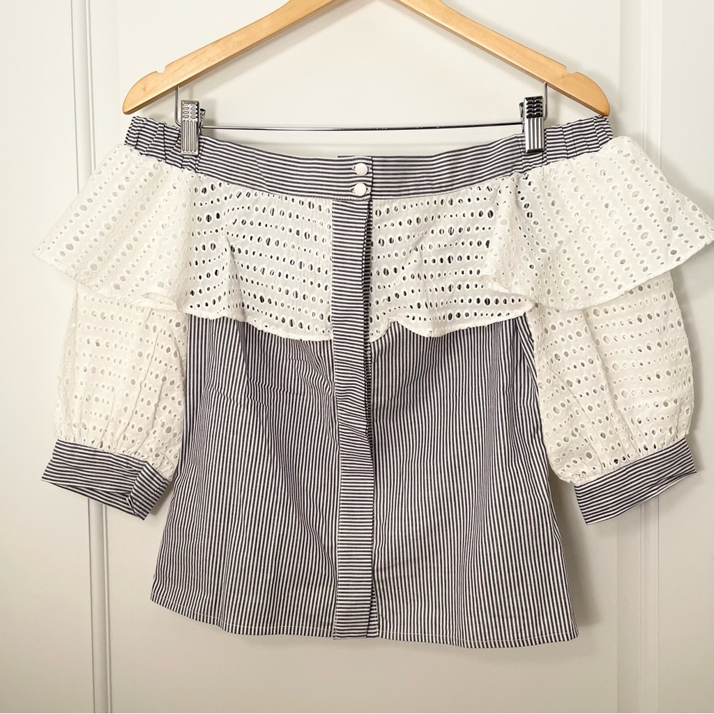 Limited Edition Handmade Striped Off the Shoulder Blouse with Eyelet Details